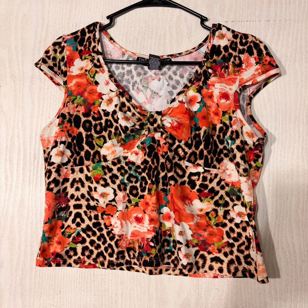 Poly & Esther Leopard Floral Top Womens XL Orange Animal Print Cap Sleeve